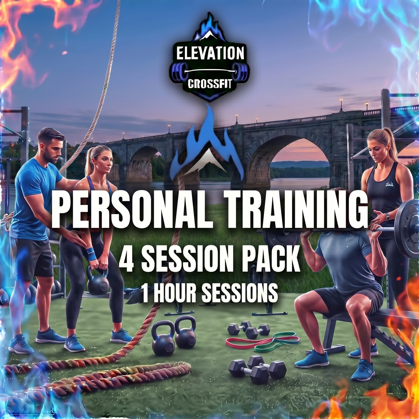 Elevation crossfit kenilworth - 4 pack personal training- picture of 2 trainers doing a ession with flames on the edges and a bridge in the background.