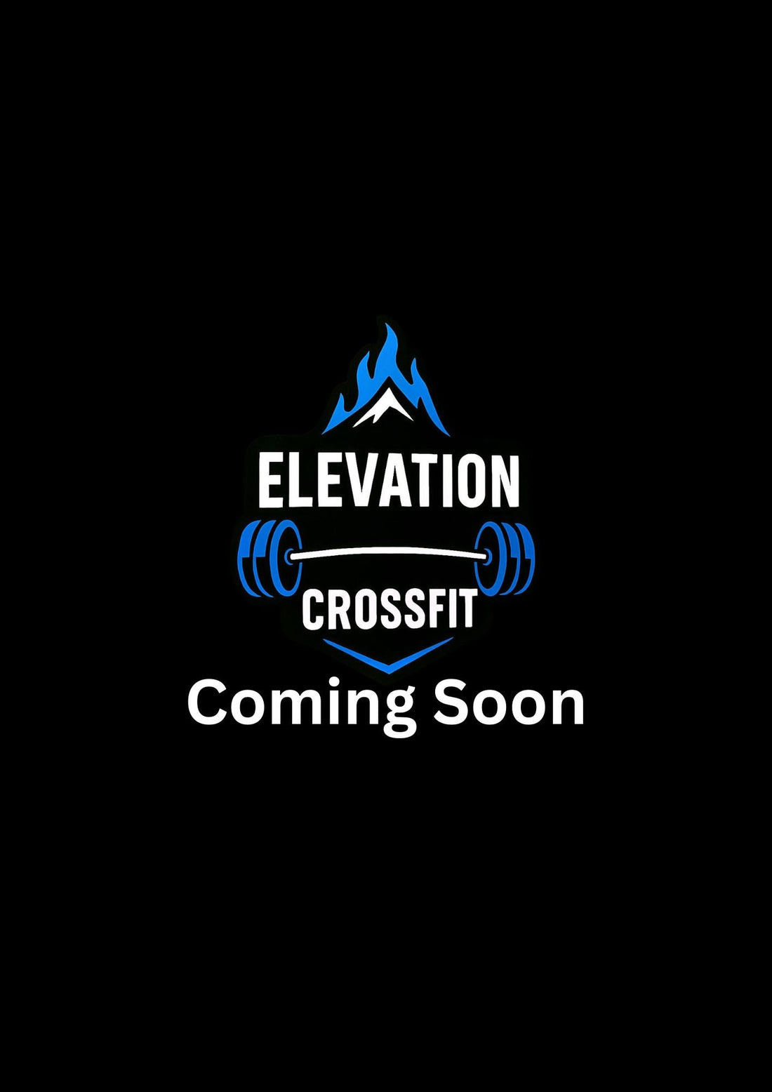 black background with elevation crossfit kenilworth logo showing a blue flame with a barbell in the center of the words elevation crossfit