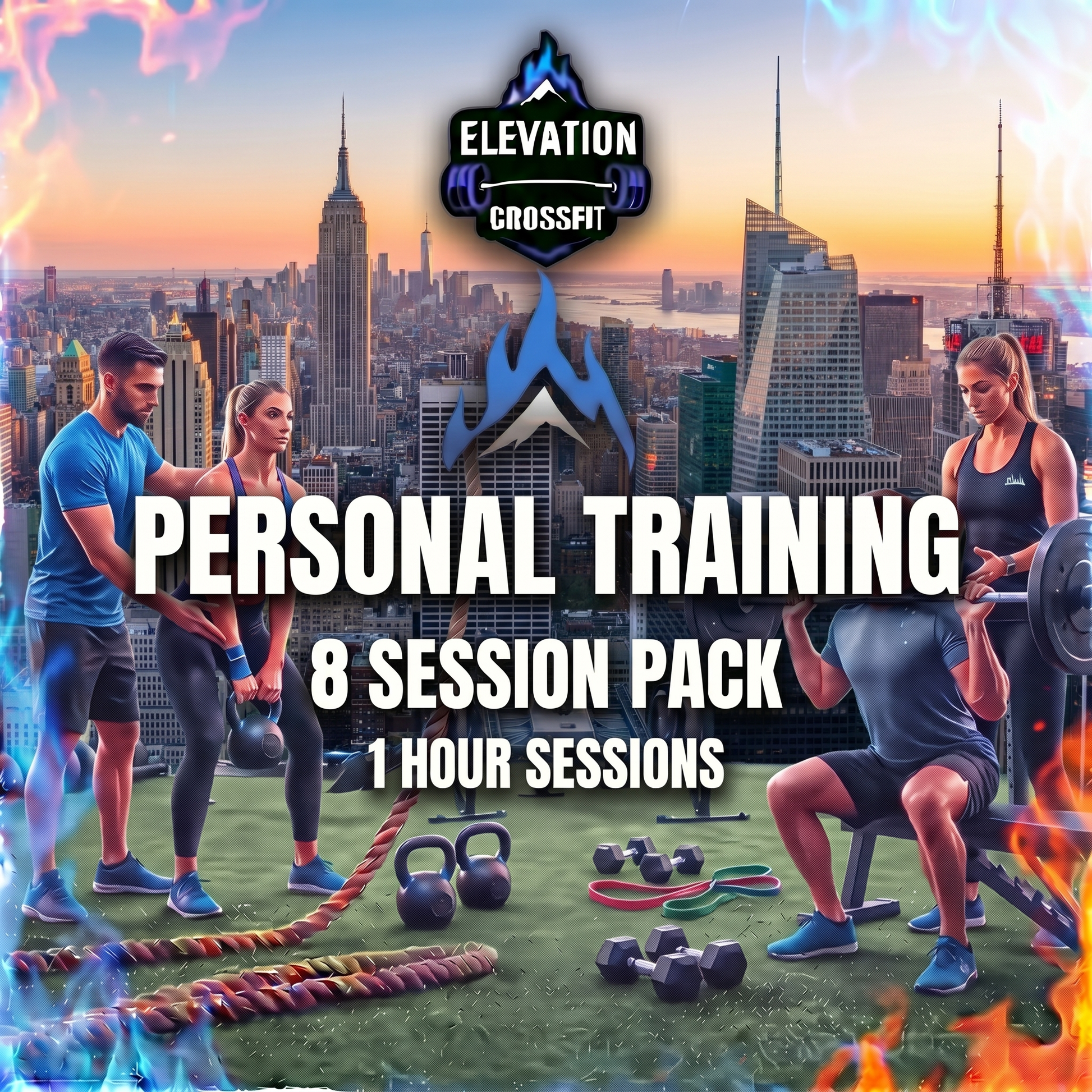 Advertisement for Elevation CrossFit personal training sessions with cityscape background